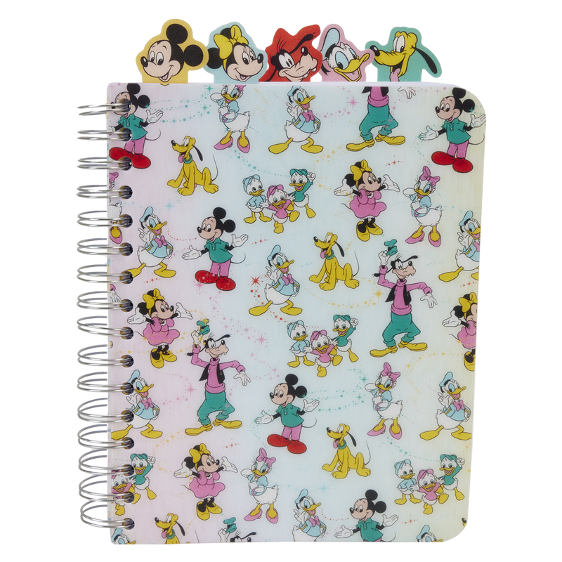 Image of our Disney100 Spiral Tab Notebook featuring an all-over print of Disney characters and tabs in the shape of different Disney characters